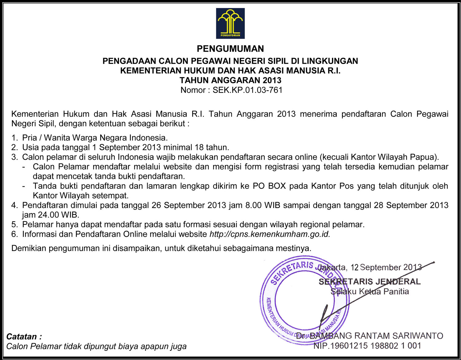 Penerimaan CPNS Kemenkumham 2013, Pendaftaran Online 2628