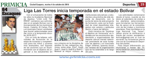 Columna de ajedrez "64 ESCAQUES" / Liga Las Torres inicia temporada en Bolívar. Columna de ajedrez "64 ESCAQUES" / Liga Las Torres inicia temporada en Bolívar.