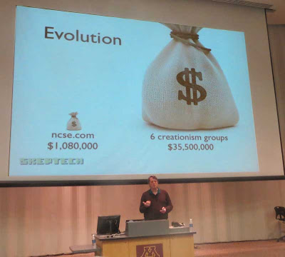 Slide being show that says the National Council of Science Education spends about $1 million, vs. 6 creationism groups that spend over $35 million