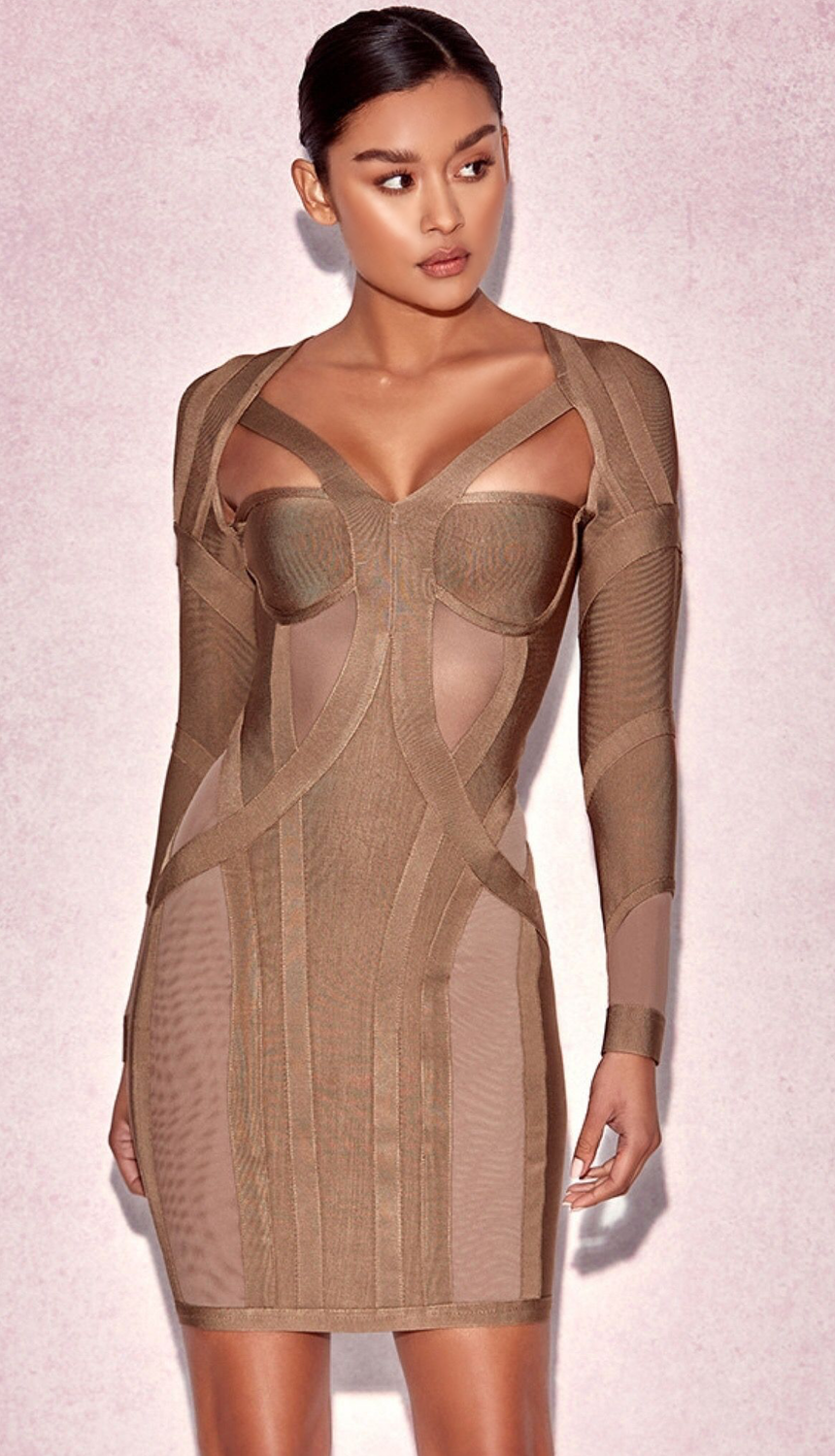 HOUSE OF CB  'ROSLIZA' TAUPE MINI BANDAGE DRESS 