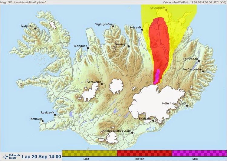 Prévision des zones toujours par les gaz de l'éruption du volcan Bardarbunga (Bárðarbunga) dans la plaine d'Holuhraun, 20 septembre 2014