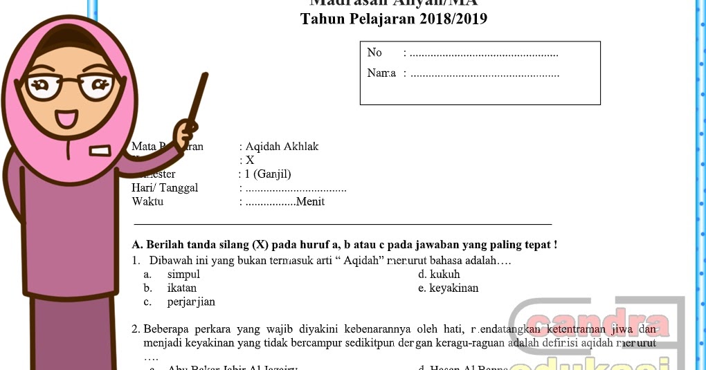 Soal Uas Aqidah Akhlak Kelas 10 Ma Semester 1