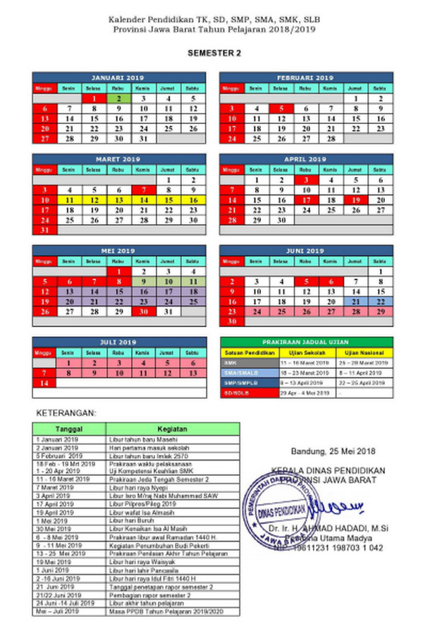 Kalender Pendidikan TK, SD, SMP, SMA, SMK, SLB Provinsi Jawa Barat tahun pelajaran 2018/2019 Semester 2