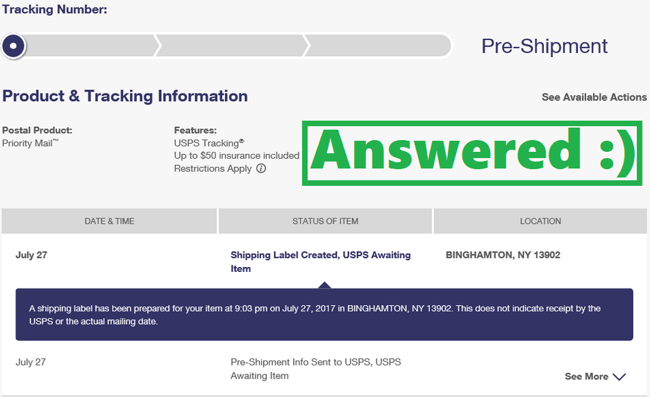 USPS Pre-Shipment Shipping Label Created, USPS Awaiting Item