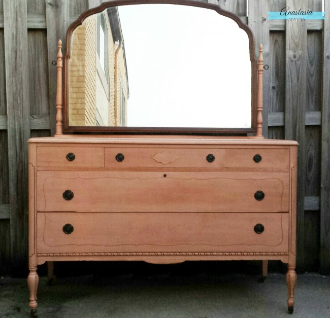 pink painted antique depression era three over two dresser