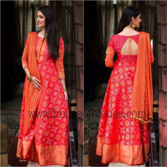 Dark Pink Stitched Conversion Old Saree Into Gown, Size: Large