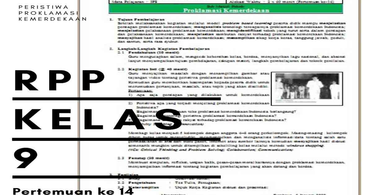 Rpp 1 Lembar Ips Kelas 9 Peristiwa Proklamasi Kemerdekaan Indonesia