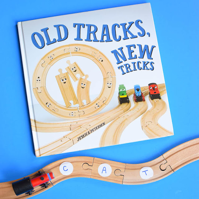 Train Track Word Building- Fun and easy literacy activity inspired by the book Old Tracks New Tricks. Great preschool or kindergarten activity for teaching sight words, phonics, or CVC words to beginning readers.