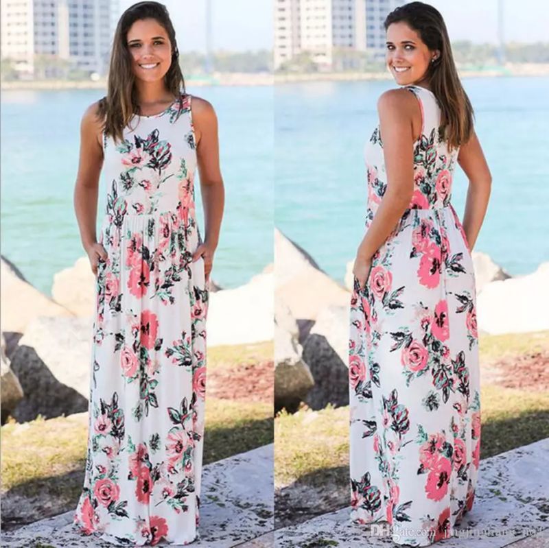 Women Floral Print Sleeveless Boho Dress Evening Gown Party Long Maxi Dress Summer Sundress Casual Dresses 