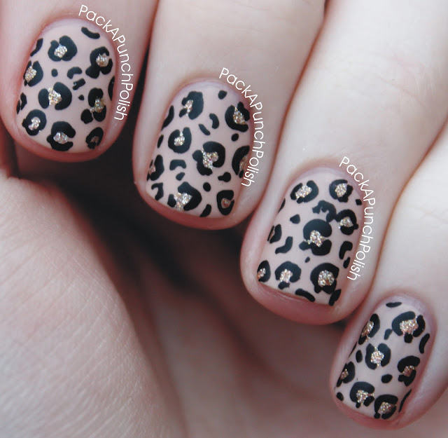 PackAPunchPolish: Matte Nude, Black, and Gold Glitter Leopard Print