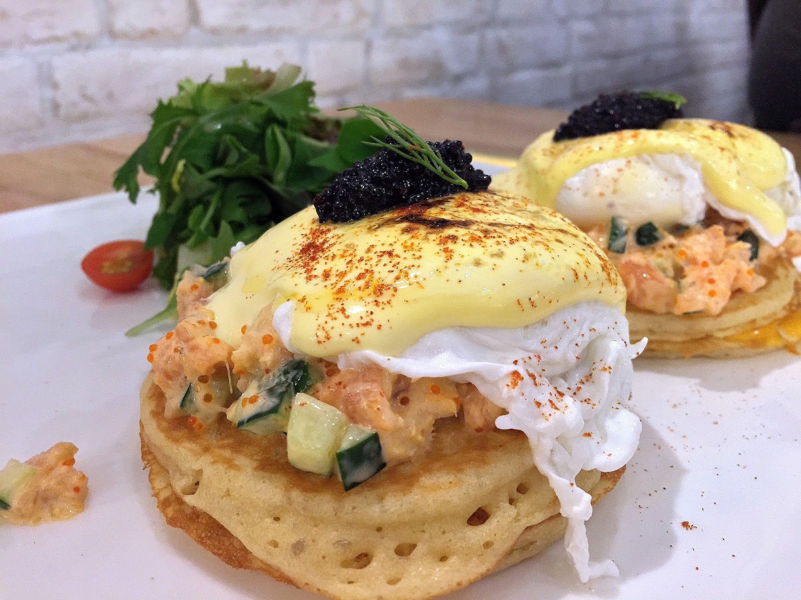 Salmon, Crab & Caviar Eggs Benedict at The Udder Pancake
