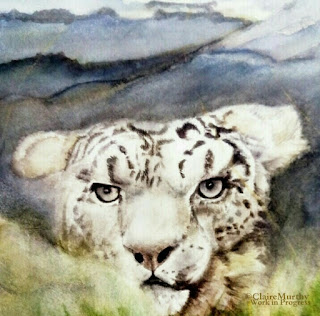 Wildlife watercolours. Watercolour painting of a snow leopard. Work in progress.