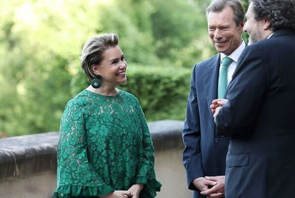 Grand Duchess Maria Teresa wore a green lace top and a green wide-leg lace trouser by Carolina Herrera. Carolina Herrera Evase lace top