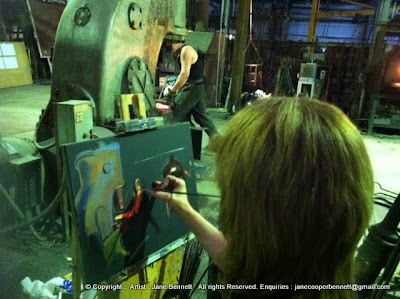 Jane Bennett, industrial heritage artist painting the blacksmiths of 'Wrought Artworks' Australian Technology Park Eveleigh Railway Workshops