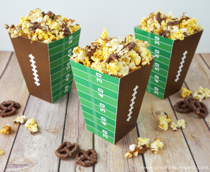 Chocolate Caramel Pretzel Popcorn with Free Printable Football Popcorn Boxes for the Big Game! #AllStarSnackBar