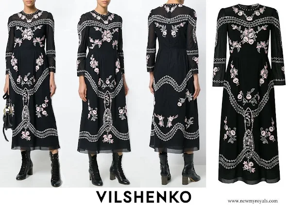 Crown Princess Mary wore VILSHENKO black floral embroidered midi dress