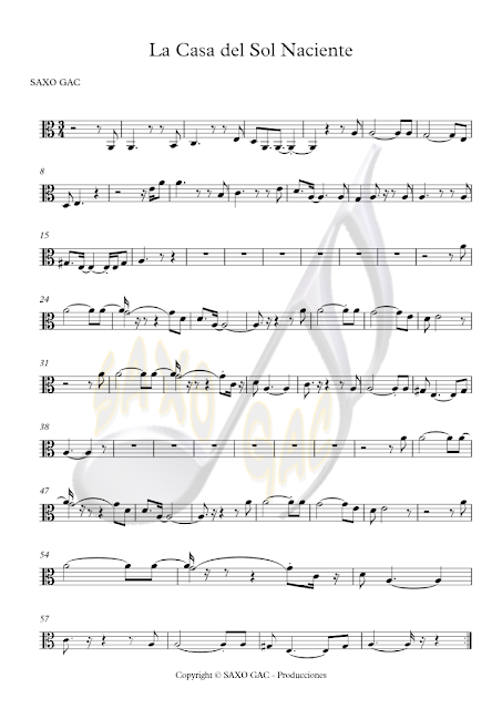 Partitura de La Casa del Sol Naciente para Instrumentos en Clave de Do (Viola) Rising Sun Blues Sheet Music in C Clef (Violists)