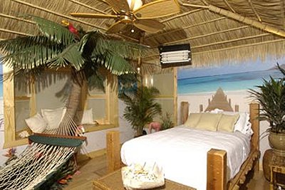 Tropical beach style bedroom decorating ideas - beach bedrooms - surfer theme rooms - tropical theme Hawaiian style decorating - raffia valance window ideas - tropical bedding - tropical wall murals - palm trees decor