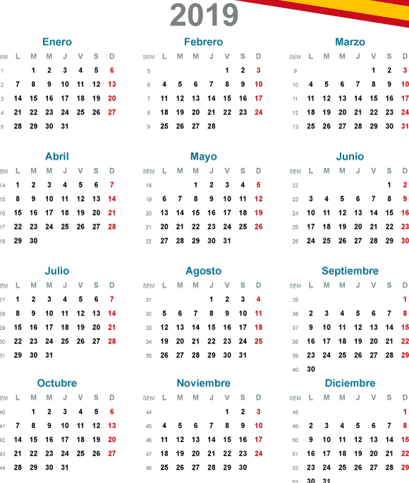 Calendario básico 2019 en español - Vector