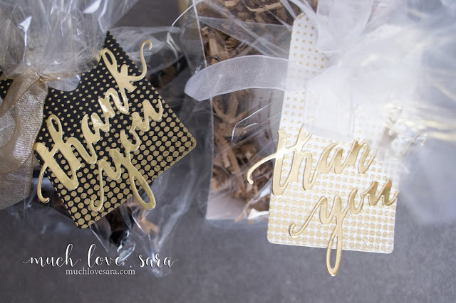 The classic wrapped gift basket gets glammed up with the addition of some gold embossing, and a fun golden gift tag.  Created with Fun Stampers Journey dies.
