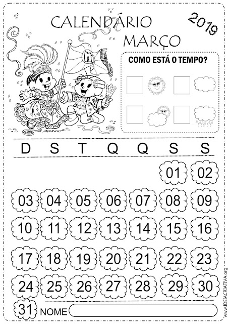 Calendários Março 2019 para imprimir e colorir Turma da Mônica