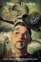 Simon Brooks Storyteller image of man wearing glasses and bow tie surrounded by fantastical faded images of a giraffe, bowler hat, book, moon with text "Simon Brooks" and www.SimonsBrooksStoryteller.com