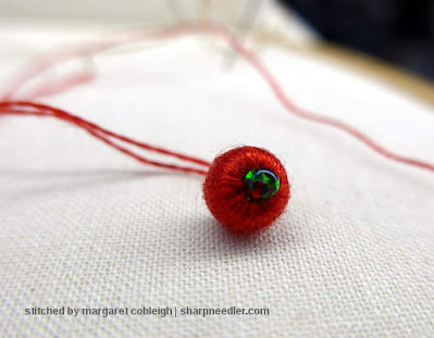 Bead wrapped in red thread for stumpwork. (Stumpwork and thread painted hedgehog)