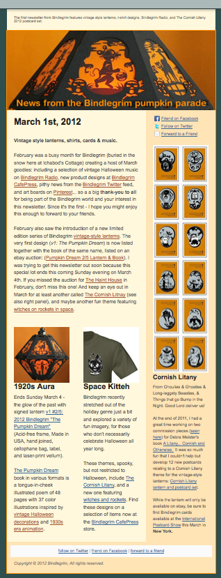 March 2012 Newsletter from Bindlegrim features vintage-style Halloween lanterns, shirt designs, Bindlegrim radio, and the Cornish Litany