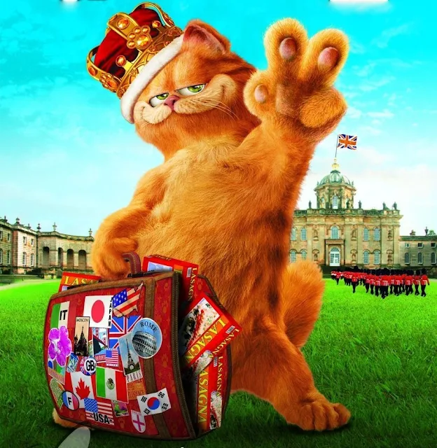 Garfield con corona y maleta de viaje con fondo del palacio inglés. 