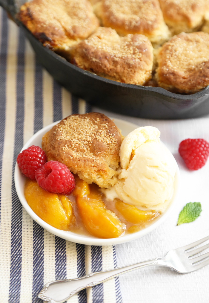 Skillet Peach Cobbler with Biscuit Crust Sprinkle Bakes
