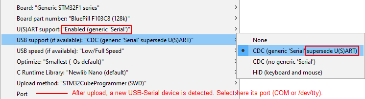 Board settings for USB Serial native port