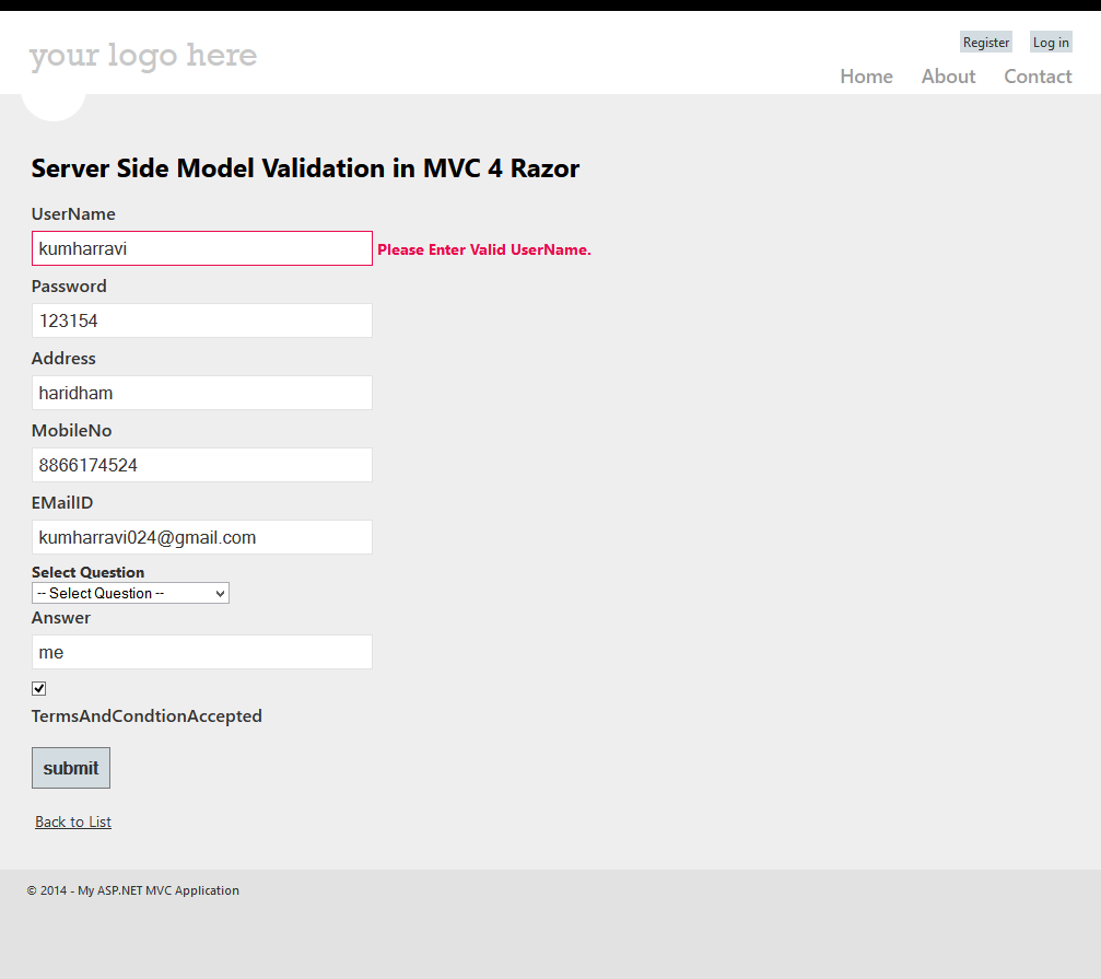 Server Side Model Validation in MVC 4 Razor