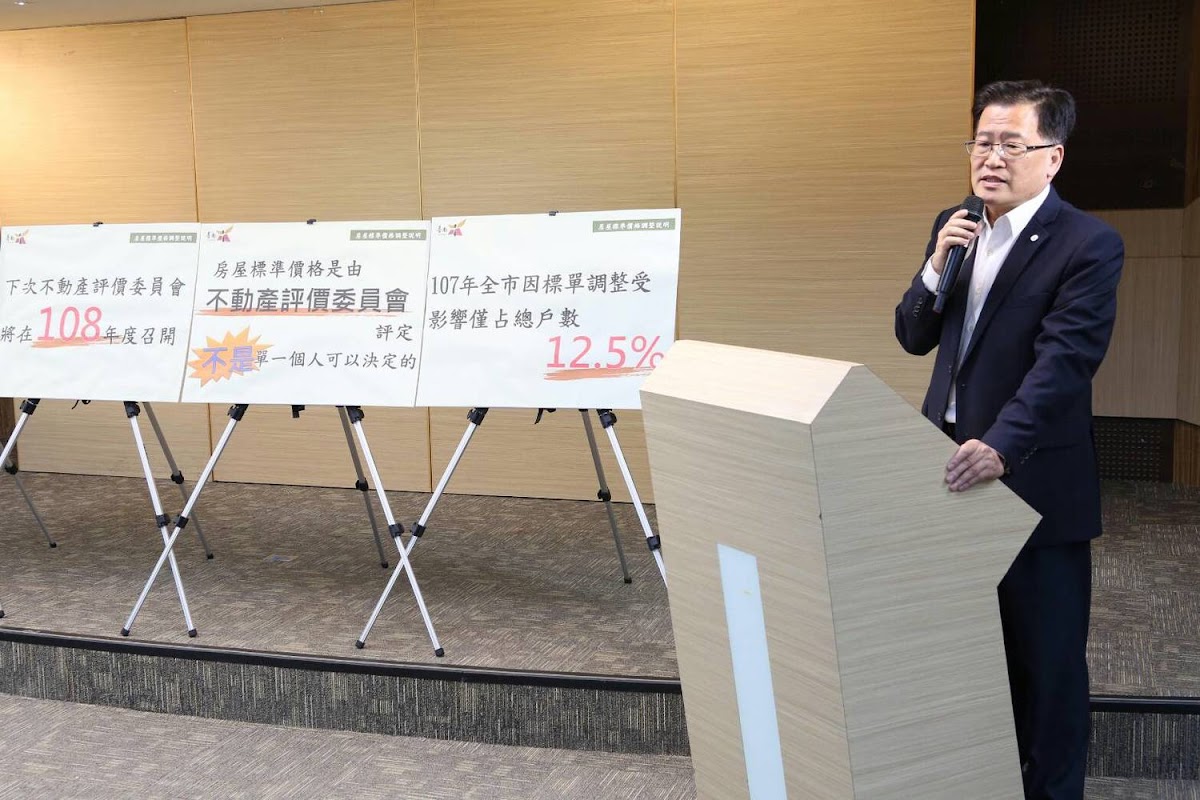 台南市政府副秘書長李賢衛舉行記者會,說明房屋標準價格經105年不動產評價委員會評定公告後,依法適用106、107及108三年房屋稅之徵收,未滿3年不得重行評定。 台南市政府副秘書長李賢衛舉行記者會,說明房屋標準價格經105年不動產評價委員會評定公告後,依法適用106、107及108三年房屋稅之徵收,未滿3年不得重行評定。