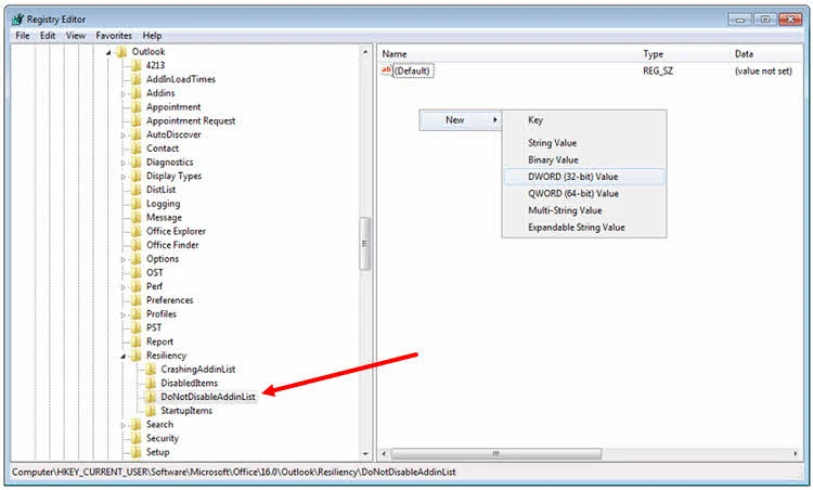 Here's how to create DWORD key in Windows Registry to ask Outlook to force load an addin