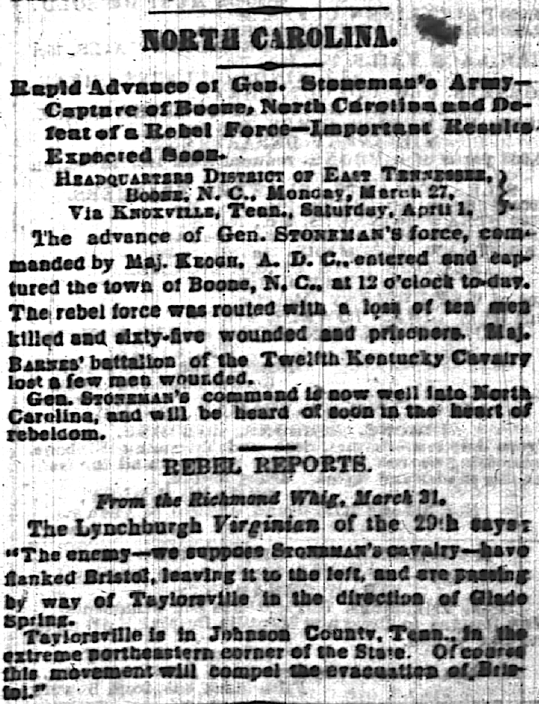 The Stoneman Gazette 1865 Boone raid made The New York Times