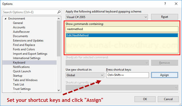 Visual Studio Productivity Tips: Assigning keyboard shortcuts to Visual  Studio commands | Kunal Chowdhury