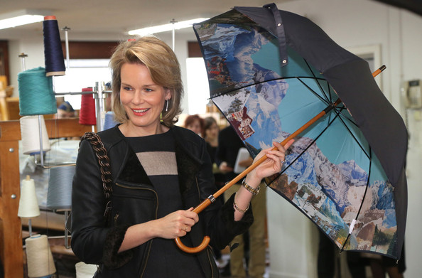 Princess Mathilde visits the ENSAV Arts Academy in Brussels. Crown Princess Mathilde in leather jacket