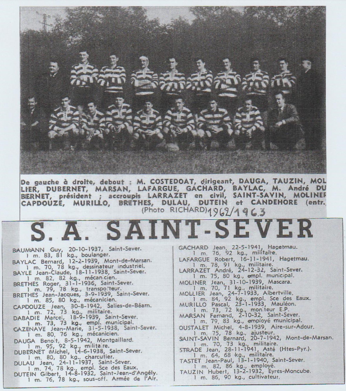 YPFRUGBY SAISON 1962 1963 1e DIVISION