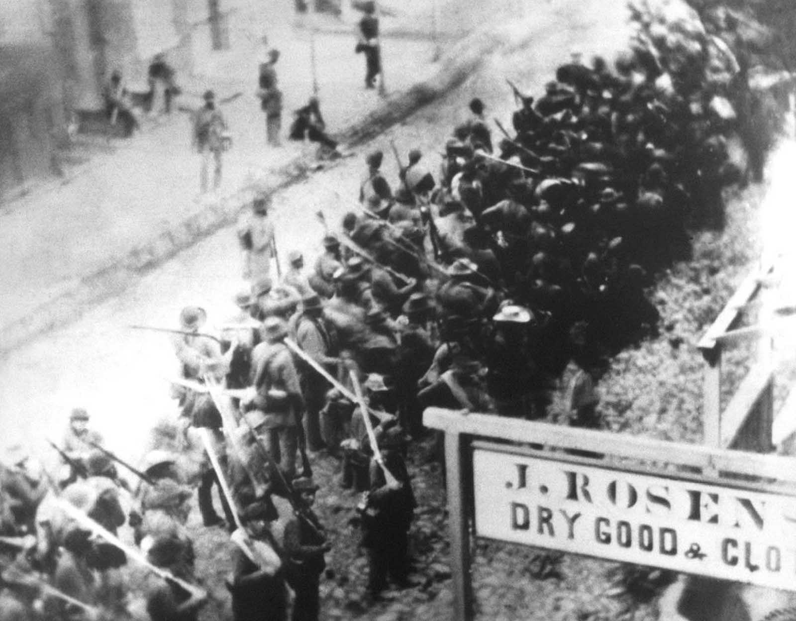 Confederate Soldiers on the march through enemy occupied Frederick, Maryland in 1862.