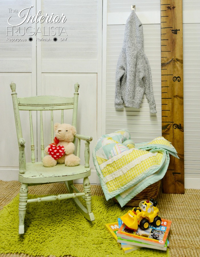A rustic rocking chair makeover with farmhouse style for a child. It's a quick and easy upcycle for a solid wood vintage toddler rocker painted green.