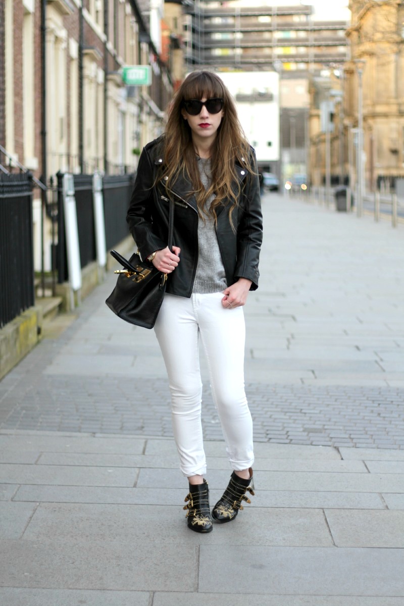 white jeans, leather jacket, chloe boots 