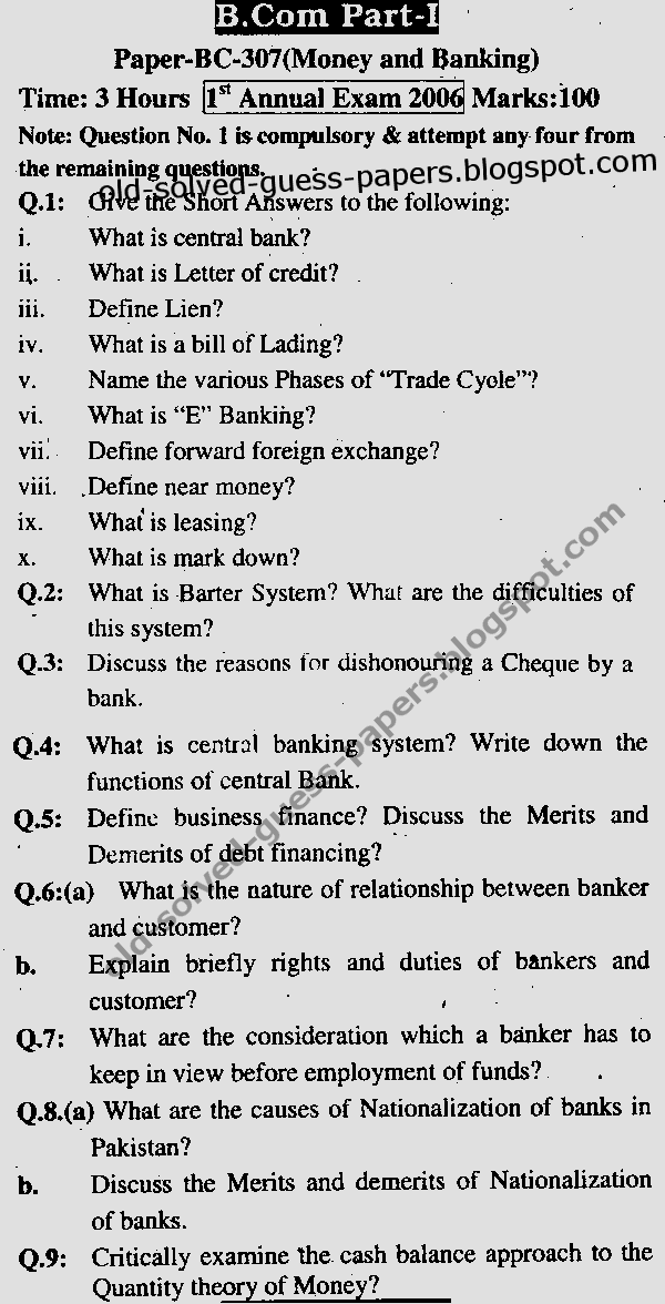 Money Banking and Finance (MBF) BC307 Old, Solved and Guess Papers
