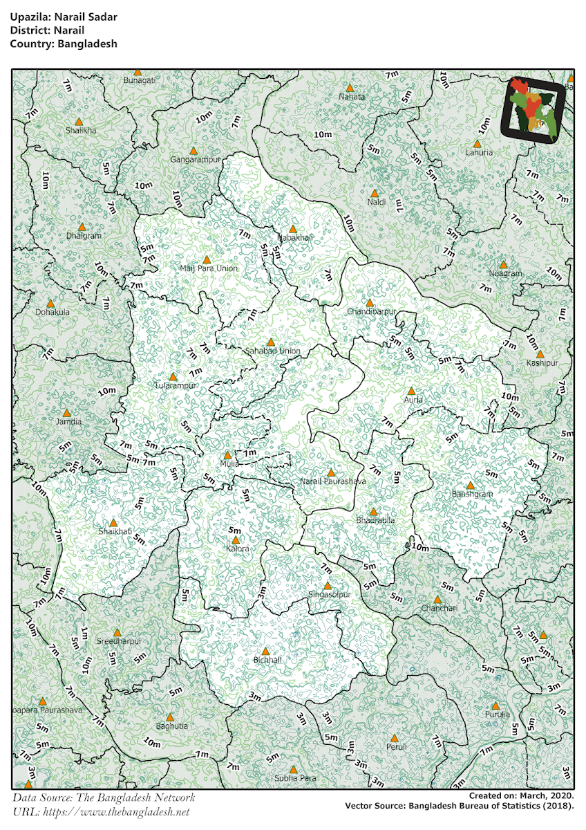 Narail Sadar Upazila Elevation Map Narail District Bangladesh