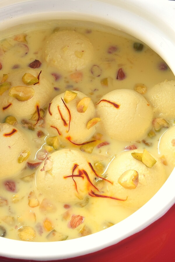 Melt in mouth soft Rasmalai cooked lots of Saffron Almonds Pistachios 