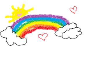 Childlike drawing of a rainbow and sun, two hearts