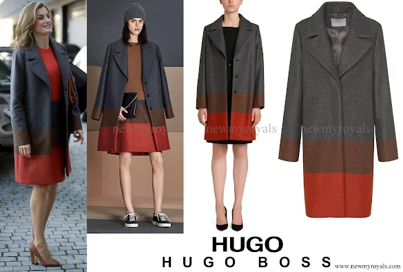 Queen Letizia wore HUGO BOSS Colorina Wool Blend Cashmere Striped Coat