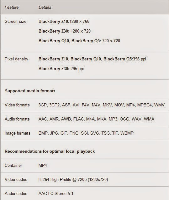 Blackberry Z10/Z30 Video codec support