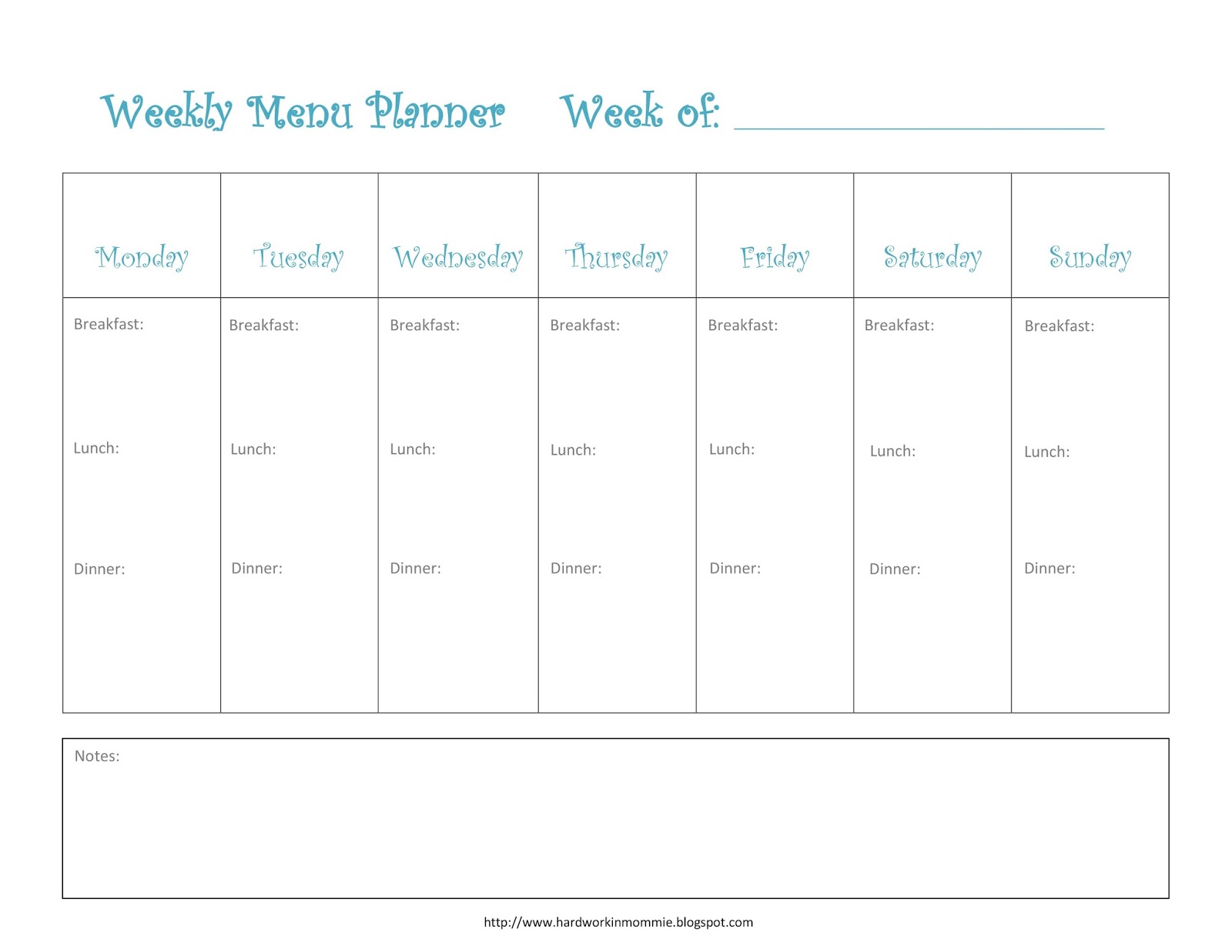 Printable menu weekly calendar template - infinitepolk