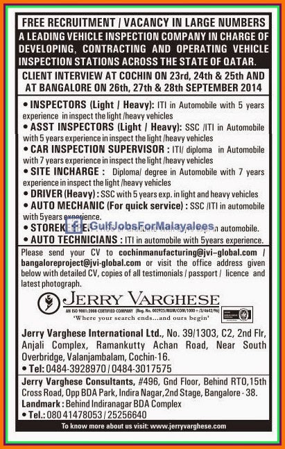 Leading Vehicle Inspection company Jobs for Qatar - Free Recruitment