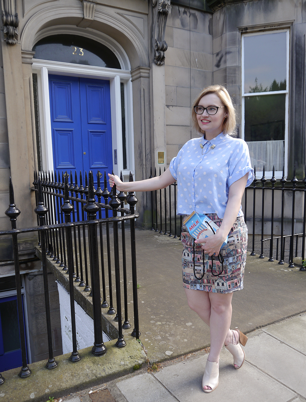 British fashion blogger Wardrobe Conversations in Edinburgh wearing a food themed outfit Scottish blogger, Edinburgh blogger, Wardrobe Conversations, polkadot shirt, By Hand London skirt, Scottish street style, quirky street style, dressing to a theme, food inspired outfit, pale girl style,